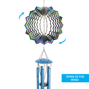 Art-In-Motion Laser Cut Metal Starburst Wind Chime Spinner with Beads and Peacock, 10 Inch Spinner | Exhart
