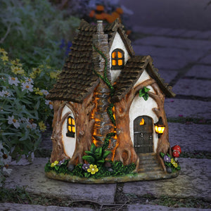 Solar Whimsical Tree Trunk Fairy Cottage Garden Statue, 11 Inch | Shop Garden Decor by Exhart