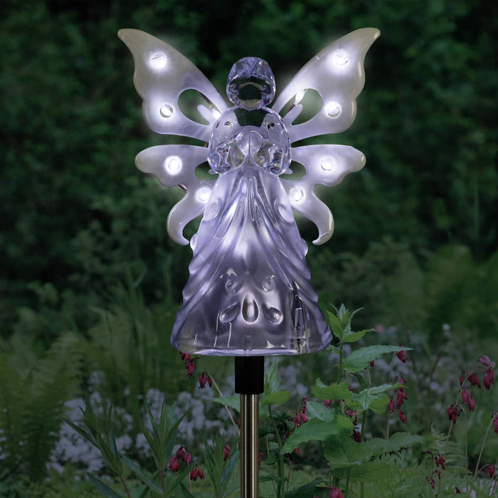 Solar Clear White Angel with Wings and Twelve LED lights on a Metal Garden Stake, 4 by 34 Inches