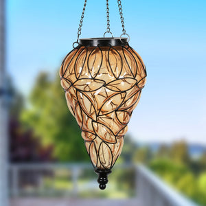 Solar Tear Shaped Amber Glass and Metal Hanging Lantern with 15 Cool White LED Fairy Firefly String Lights, 7 by 24 Inches | Exhart