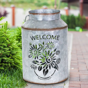 Solar Stamped Metal Flower Design Lantern Reads Welcome, 8 Inch | Shop Garden Decor by Exhart