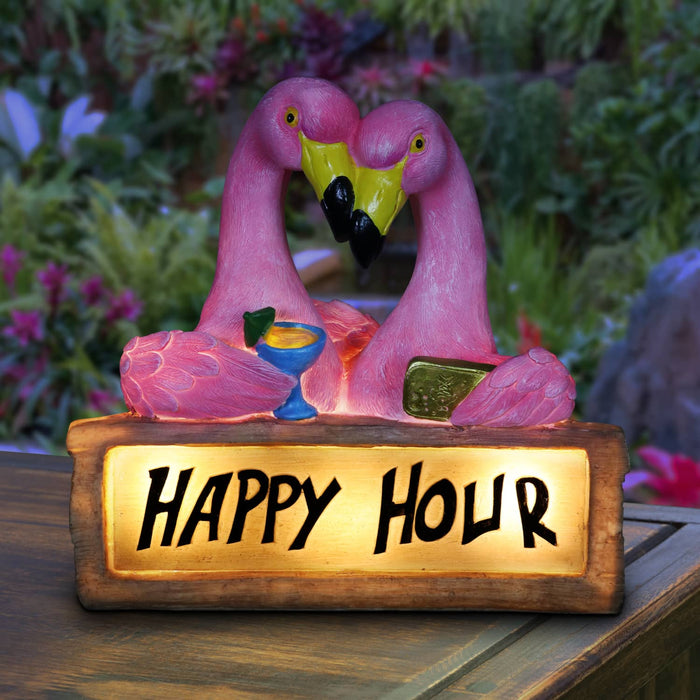 Solar Happy Hour Flamingos Sign, 10 Inch