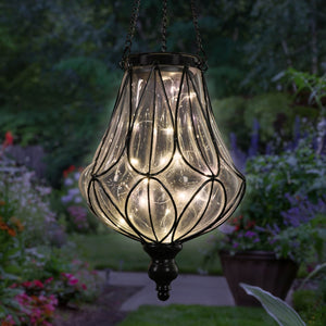 Solar Clear Glass Hanging Lantern with Looping Metal Pattern, 8 by 24 Inches | Shop Garden Decor by Exhart