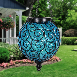 Solar Round Glass and Metal Hanging Lantern in Blue with 15 Cool White LED Firefly String Lights, 7 by 21 Inches | Exhart