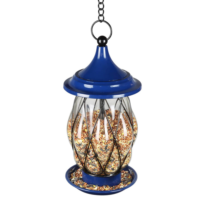 Blue Metal Wire and Glass Bird Feeder, 6.5 by 13.5 Inches
