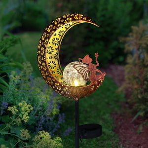 Solar Filigree Metal Moon Stake with Glass Crackle Ball Center in Bronze, 7 by 39 Inches | Shop Garden Decor by Exhart