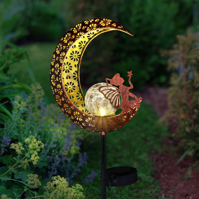 Solar Filigree Metal Moon Stake with Glass Crackle Ball Center in Bronze, 7 by 39 Inches