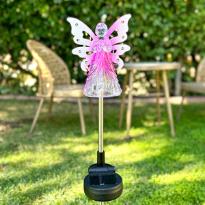 Solar Acrylic Angel with Wings and Twelve LED lights Metal Garden Stake in Pink, 4 by 34 Inches | Shop Garden Decor by Exhart