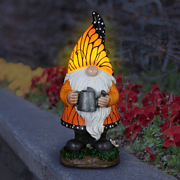 Solar Monarch Butterfly Hat Standing  Gnome with Watering Can Statue, 6 by 12.5 Inches