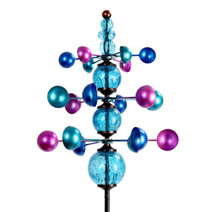Three Tier Wind Spinner Garden Stake with Glass Crackle Balls in Blue, 14 by 48 Inches | Shop Garden Decor by Exhart