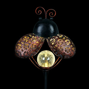 Solar Filigree Metal Ladybug Stake with Glass Crackle Ball Center in Bronze, 7.5 by 39 Inches | Shop Garden Decor by Exhart
