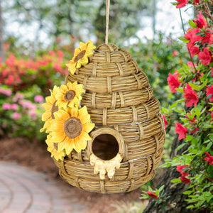 Solar Sunflower Hand Painted Bee Hive Hanging Bird House, 7 by 8 Inches | Shop Garden Decor by Exhart