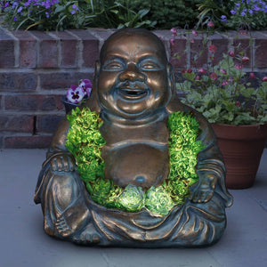 Solar Happy Buddha Garden Statue  In Bronze Look With Succulents, 10 Inch | Shop Garden Decor by Exhart