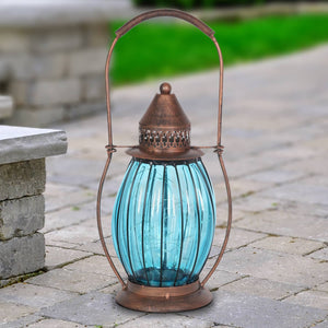 Solar Antique Metal and Sea Blue Glass Accent Lantern with Fifteen LED Firefly String Lights, 7 by 14 Inches | Exhart