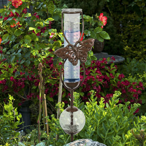 Bronze Butterfly Rain Gauge Stake with Clear Glass Ball Detail, 32.5 Inches | Shop Garden Decor by Exhart