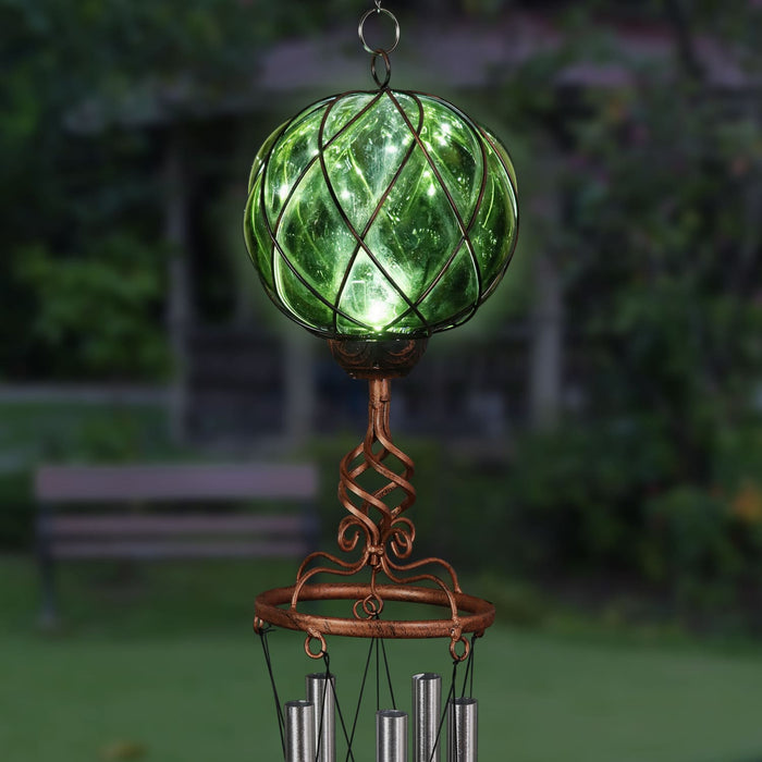Solar Caged Green Glass Wind Chime with Metal Finial, 6 by 45 Inches