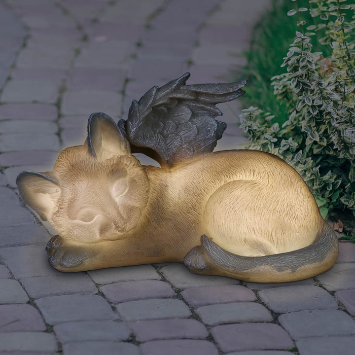 Solar Sleeping Cat Angel Memorial Statue, 12 by 6.5 Inches