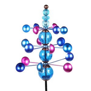 Three Tier Wind Spinner Garden Stake with Glass Crackle Balls in Blue, 14 by 48 Inches | Shop Garden Decor by Exhart