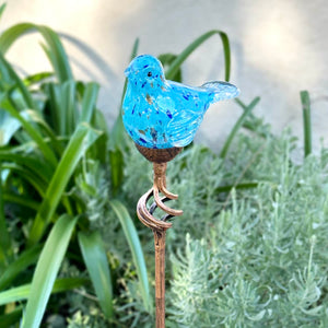 Solar Pearlized Hand Blown Glass Bird Garden Stake in Teal, 6 by 31 Inches | Shop Garden Decor by Exhart