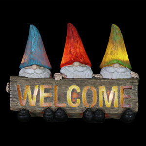 Solar Welcome Sign Held by Three Garden Gnomes Statuary, 13 by 8.5 Inches | Shop Garden Decor by Exhart