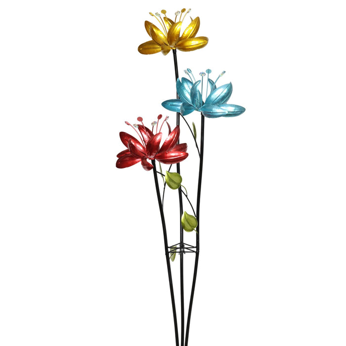 Flower Wind Spinner Garden Stake with Three Metallic Flowers, 17 by 53 Inches