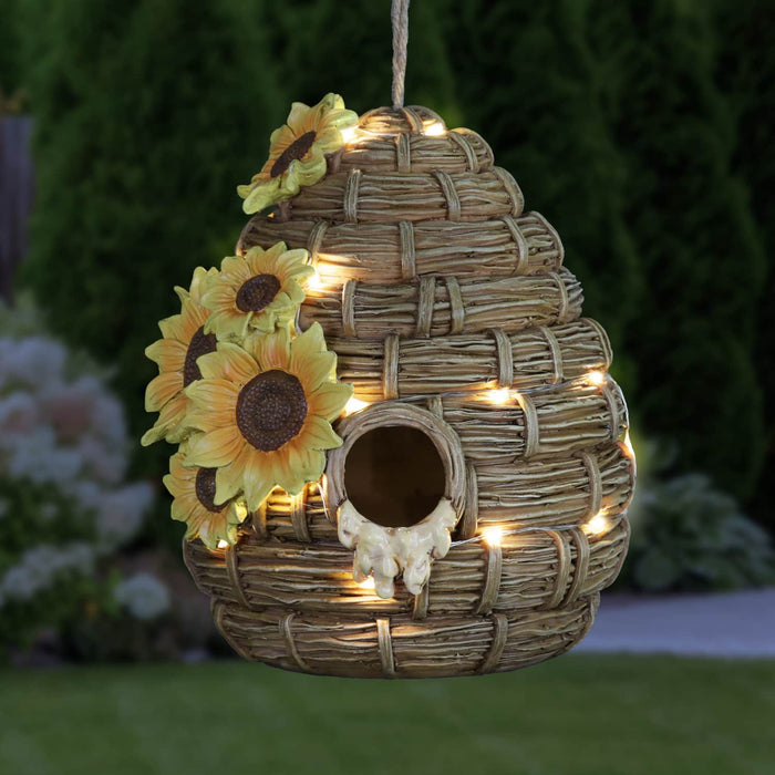Solar Sunflower Hand Painted Bee Hive Hanging Bird House, 7 by 8 Inches