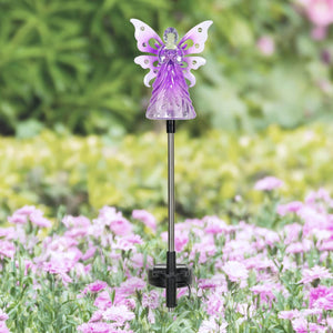 Solar Acrylic Angel with Wings and Twelve LED lights Metal Garden Stake in Purple, 4 by 34 Inches | Exhart