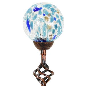 Solar Pearlized Honeycomb Glass Ball Garden Stake with Metal Finial in Light Blue, 4 by 31 Inches | Exhart