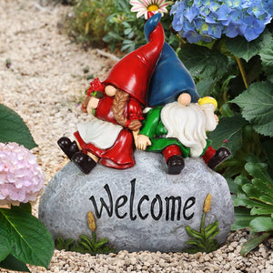 Gnome Couple on a Welcome Stone Garden Statue,7.5 by 8.5 Inches | Shop Garden Decor by Exhart