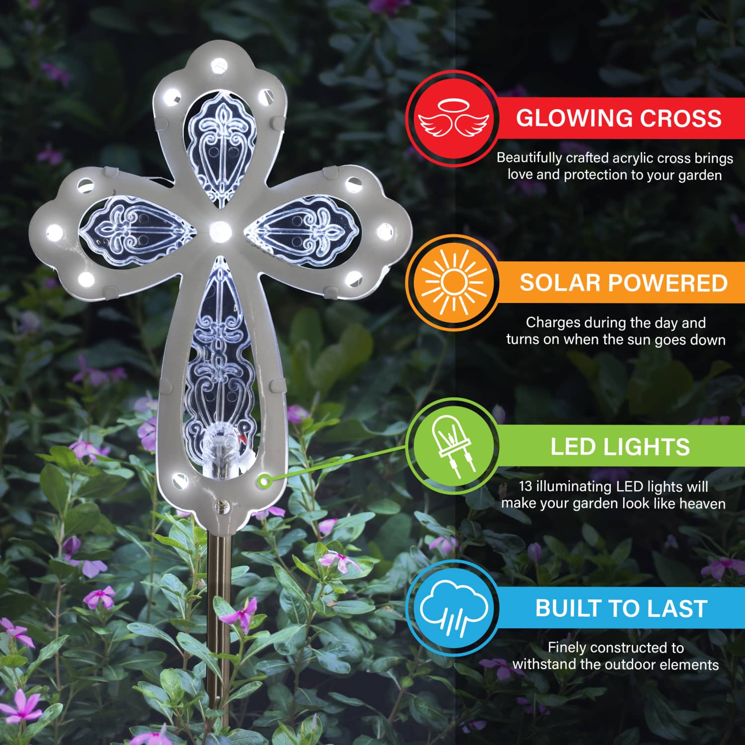 Solar Acrylic and Metal White Cross Garden Stake with Thirteen LED Lights, 4 by 34 Inches | Shop Garden Decor by Exhart