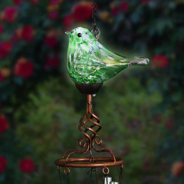 Solar Hand Blown Pearlized Glass Bird Wind Chime in Green, 7 by 44 Inches