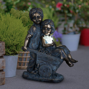 Faux Bronze Solar Boy and Girl in Wheelbarrow Garden Statue, 10 by 13 Inches | Shop Garden Decor by Exhart