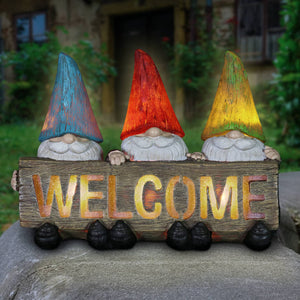 Solar Welcome Sign Held by Three Garden Gnomes Statuary, 13 by 8.5 Inches | Shop Garden Decor by Exhart