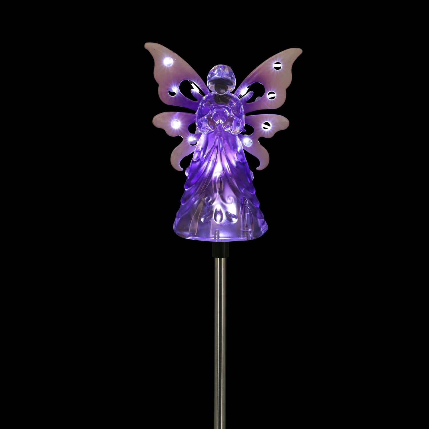 Solar Acrylic Angel with Wings and Twelve LED lights Metal Garden Stake in Purple, 4 by 34 Inches | Exhart