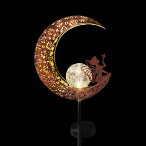 Solar Filigree Metal Moon Stake with Glass Crackle Ball Center in Bronze, 7 by 39 Inches | Shop Garden Decor by Exhart