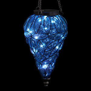 Solar Tear Shaped Glass and Metal Hanging Lantern in Blue with 15 Cool White LED Firefly String Lights, 7 by 24 Inches | Exhart