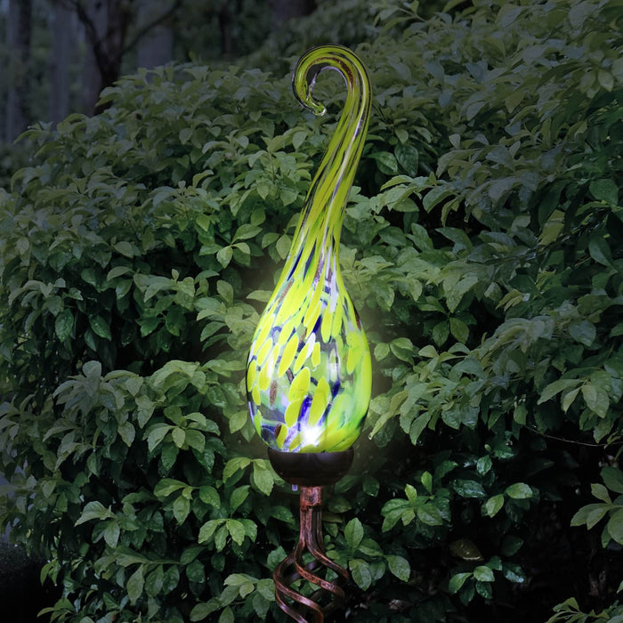 Solar Hand Blown Yellow Glass Spiral Flame Garden Stake with Metal Finial Detail, 36 Inch