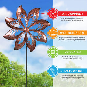 Double Pinwheel Kinetic Bronze Metal Spinner Stake, 18 by 70 Inches | Shop Garden Decor by Exhart