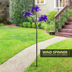Triple Rose Flower Wind Spinner Garden Stake Hand Painted in Metallic Purple, 20 by 54 Inches | Shop Garden Decor by Exhart
