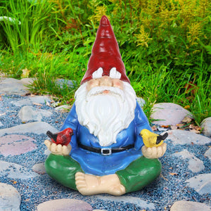 Solar Good Time Meditating Gnamaste Gnome in Lotus Position with Birds Garden Statuary,  8 by 10.5 Inch | Exhart