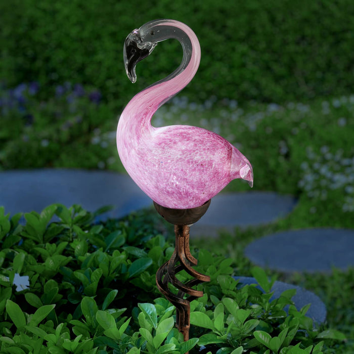 Solar Hand Blown Glass Pink Flamingo Garden Stake with Metal Finial Detail, 4.5 by 33 inches