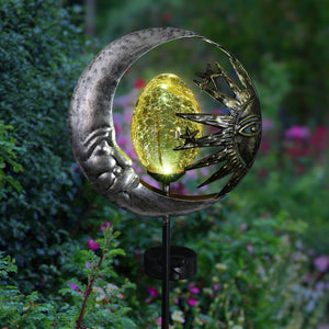 Solar Silver Sun and Moon Garden Stake with Amber Glass Center, 8 by 38 Inches | Shop Garden Decor by Exhart