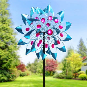 Teal and Pink Double Kinetic Metal Garden Spinner Stake, 18 by 70 Inches | Shop Garden Decor by Exhart