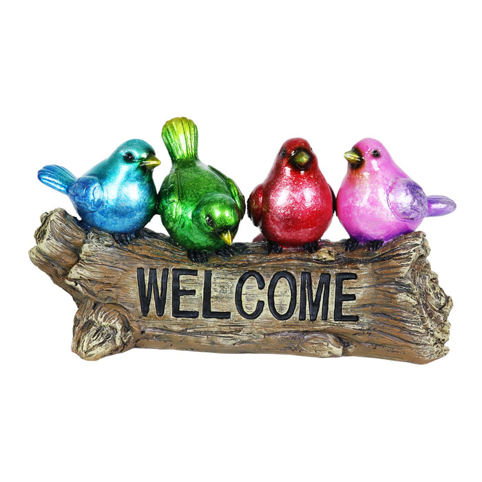 Hand Painted Tie Dye Birds on Welcome Log Garden Statue, 13 by 6.5 Inches