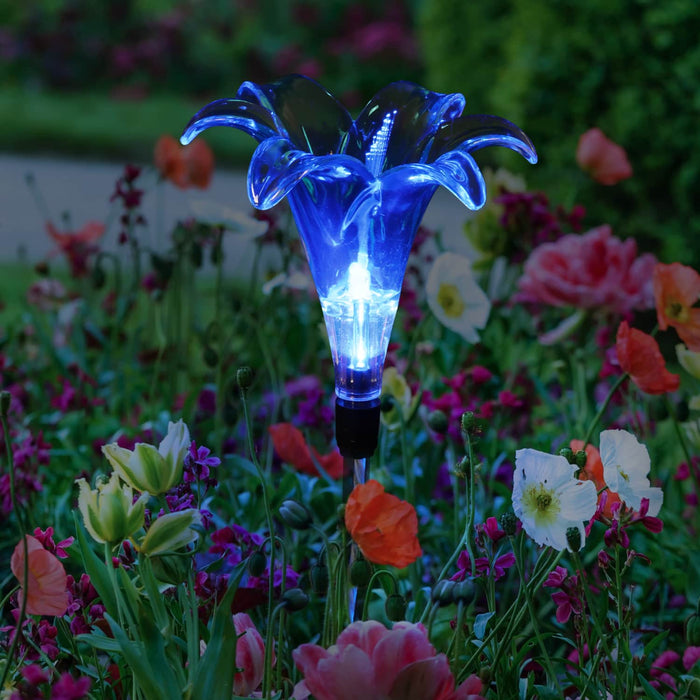 Solar Plastic Lily Garden Stake in Blue, 4 by 35 Inches