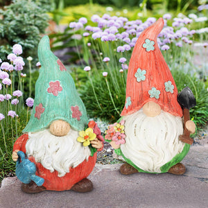 2 Piece Set Pastel Daisy Hat Garden Gnome Statues, 5.5 by 8.5 Inches | Shop Garden Decor by Exhart