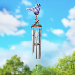 Solar Hand Blown Pearlized Glass Bird Wind Chime in Blue, 7 by 44 Inches | Shop Garden Decor by Exhart