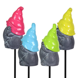 4 Piece Grey Gnomes with Colorful Hats Plant Stake Assortment in Blue, Green, Pink and Yellow,  3 by 16 Inch | Exhart