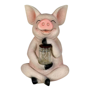 Solar Pig Garden Statue Holding a Glass Jar with Eight LED Firefly String Lights, 7 by 10.5 Inches | Exhart