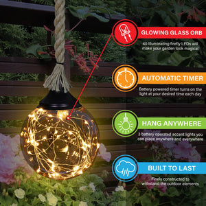 Hanging Golden Glass LED Balls with Timer, Set of Three, 6 by 31 Inches | Shop Garden Decor by Exhart